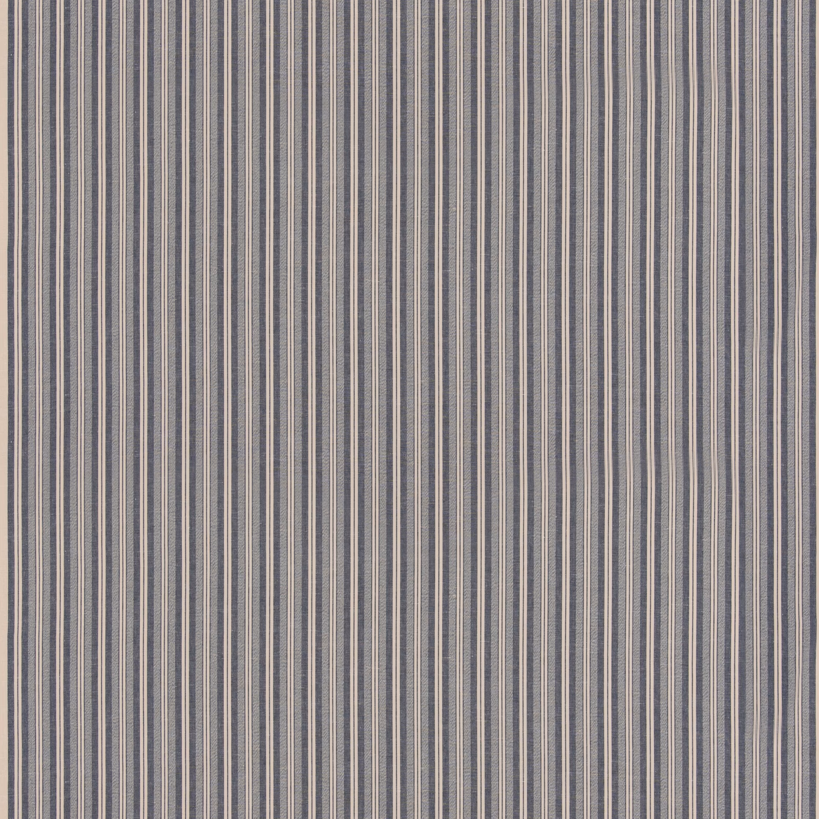Muted indigo fabric with fine vertical blue-grey, taupe and cream woven stripes