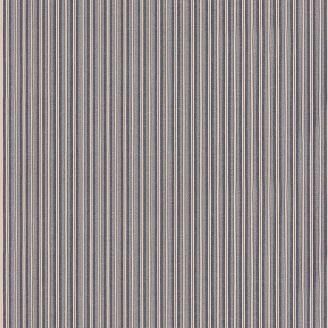 Muted indigo fabric with fine vertical blue-grey, taupe and cream woven stripes