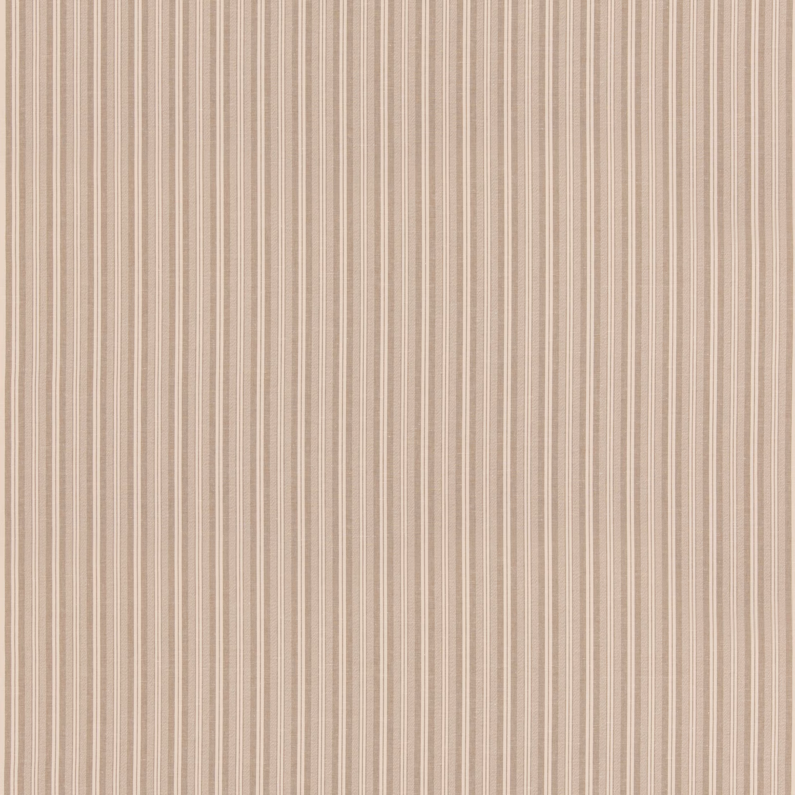 Warm nutmeg taupe ground with closely spaced cream vertical stripes and fine woven texture