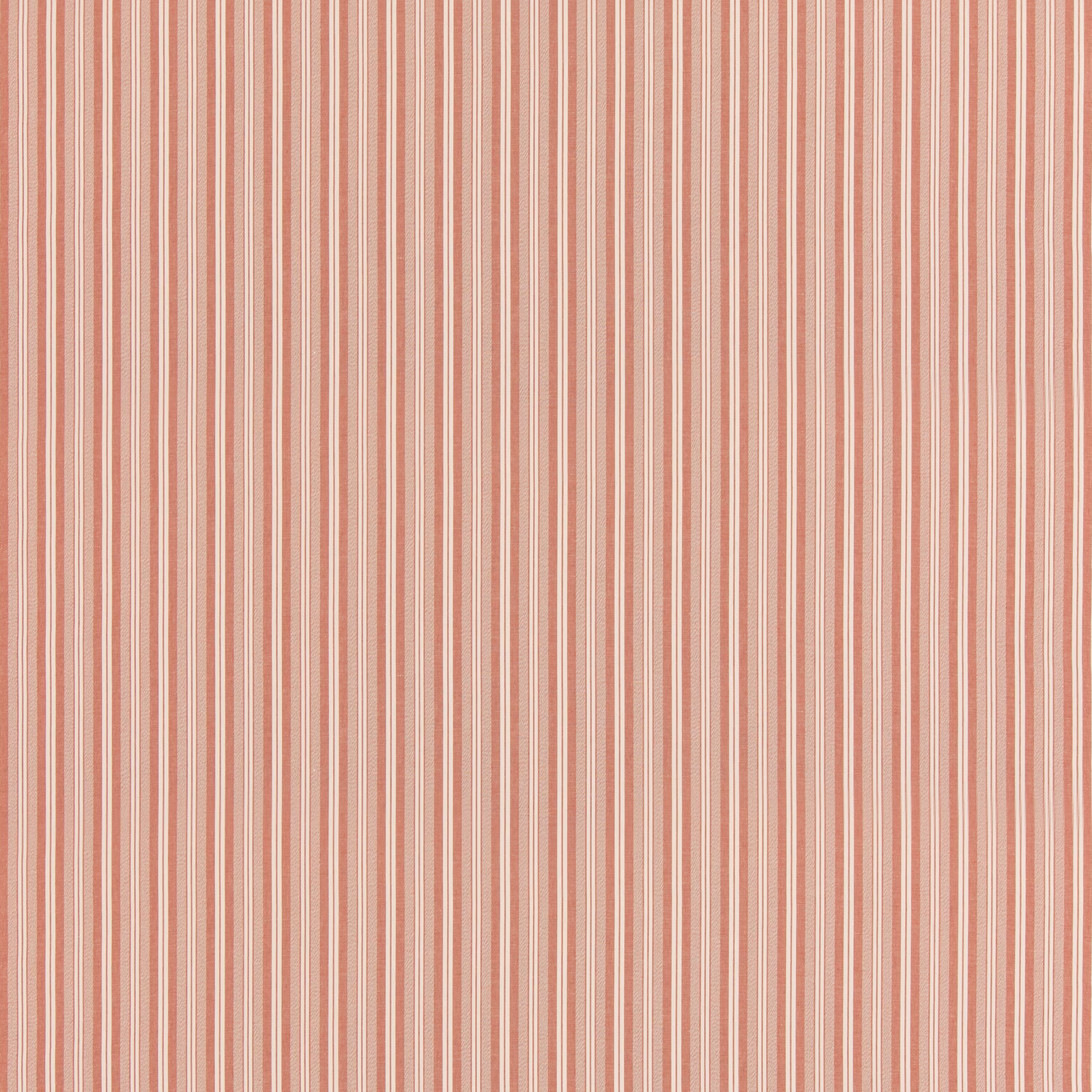 Muted soft-red and cream vertical stripe fabric with a fine woven texture