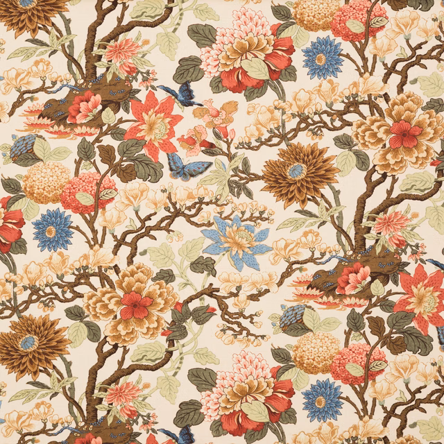 Biscuit-sand linen with branching brown stems, coral blooms, blue flowers and perched birds