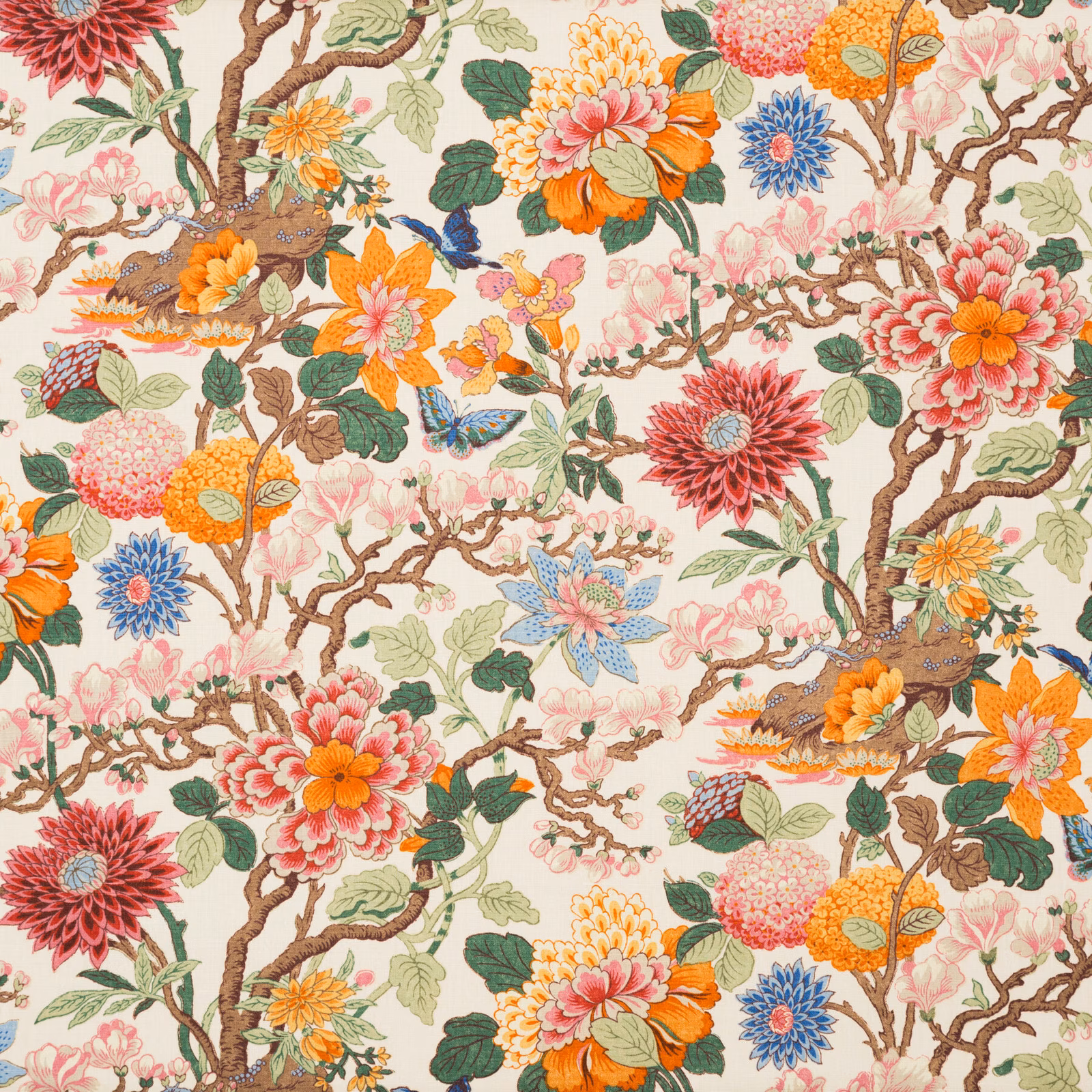 Cream linen with blue flowers, jewel-toned blooms, birds and branching chinoiserie foliage
