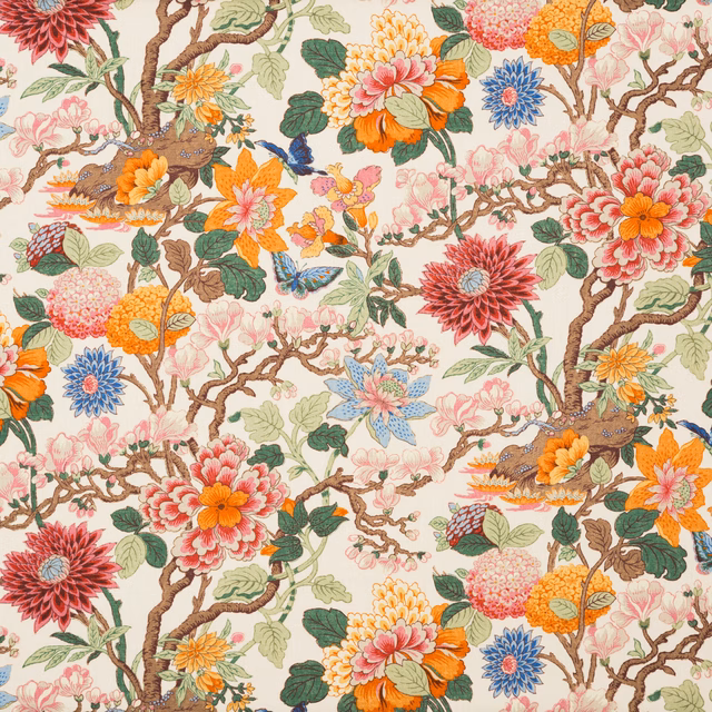 Cream linen with blue flowers, jewel-toned blooms, birds and branching chinoiserie foliage