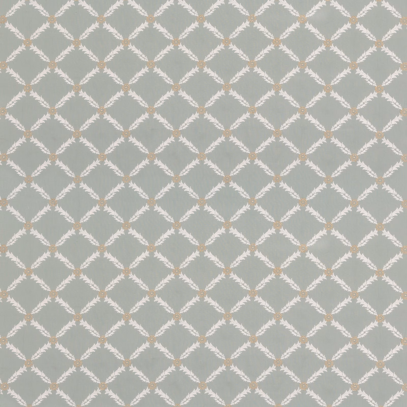 Muted aqua ground with white leafy sprigs and warm beige diamond accents