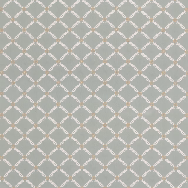 Muted aqua ground with white leafy sprigs and warm beige diamond accents