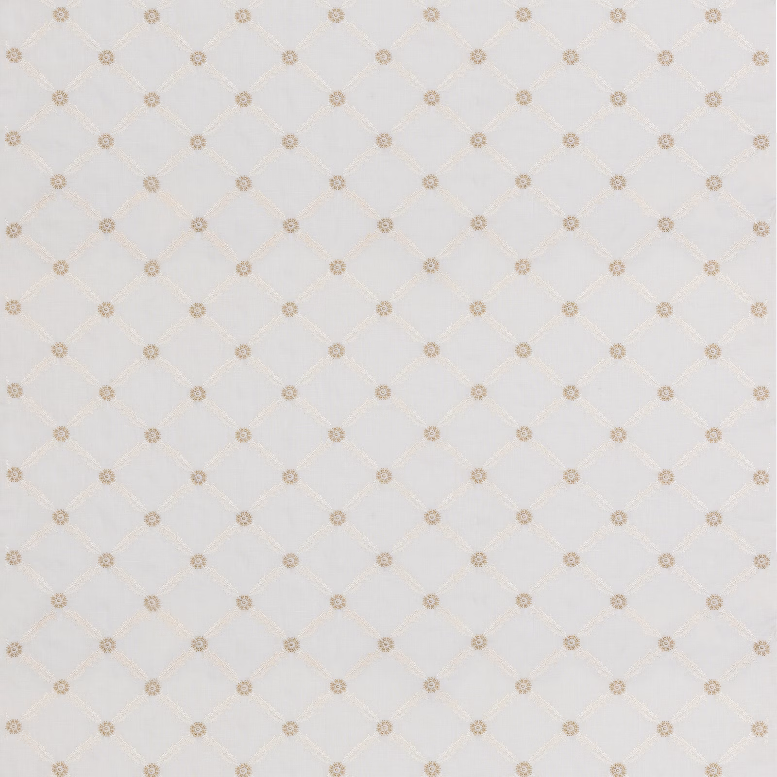 Ivory lattice fabric with tiny taupe rosettes arranged across the woven ground