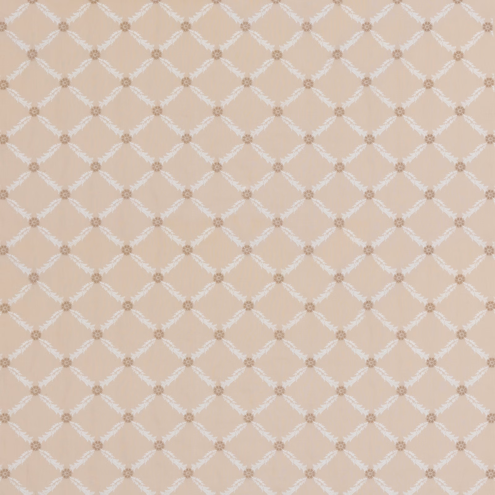 Warm parchment beige fabric with ivory diamond lattice and small taupe rosette accents