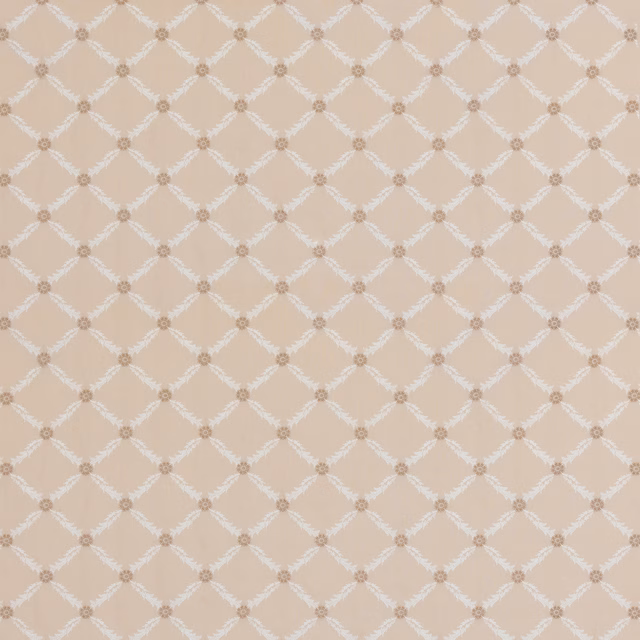 Warm parchment beige fabric with ivory diamond lattice and small taupe rosette accents