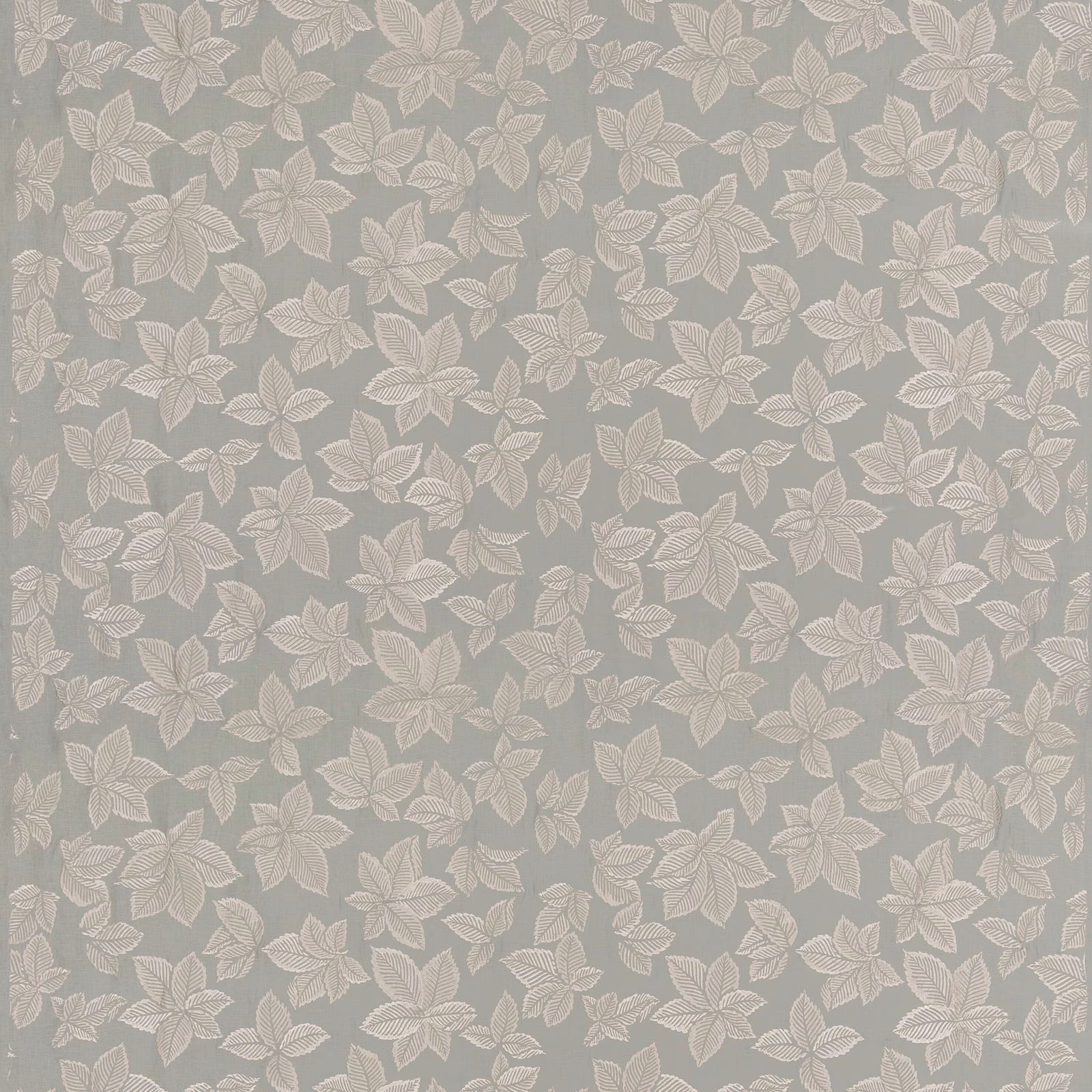 Muted aqua fabric with pale cream leafy floral motifs and fine vein detail