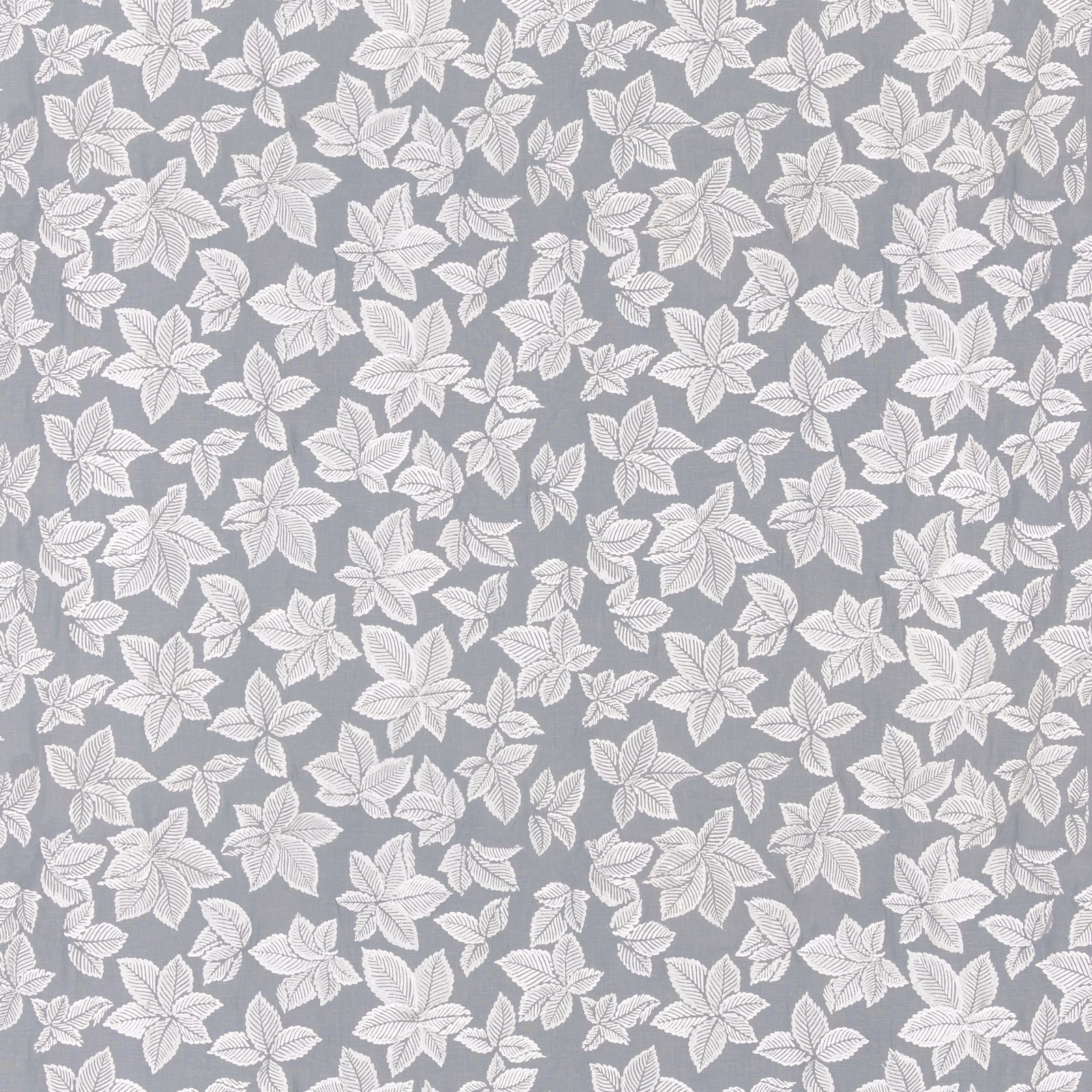 Muted denim-blue ground with ivory leaf sprays and fine linear vein detail