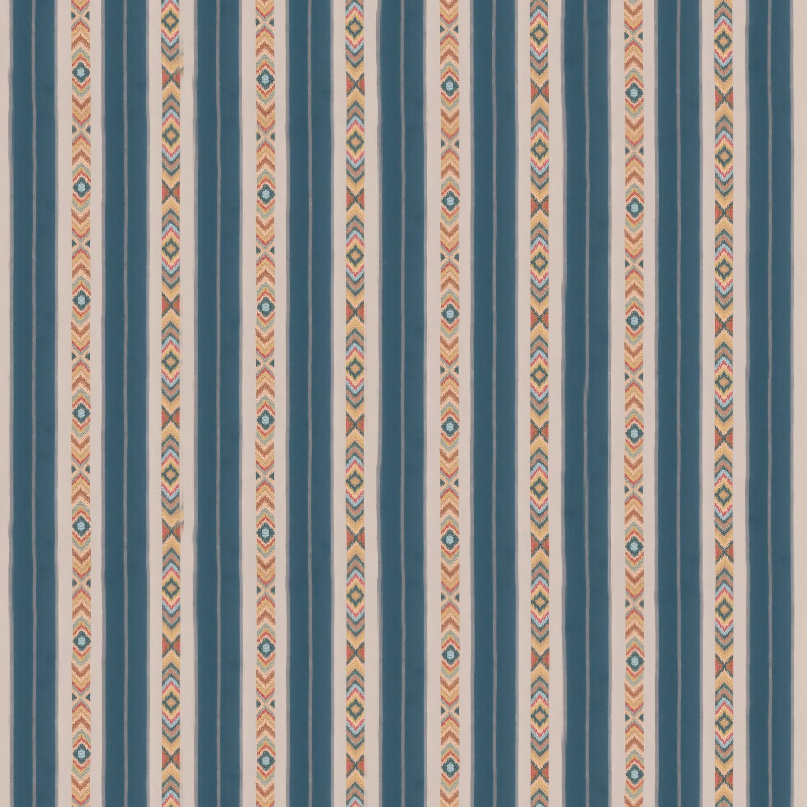 Muted teal striped fabric with cream bands and colourful geometric chevron motifs