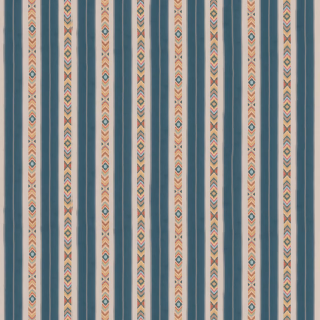 Muted teal striped fabric with cream bands and colourful geometric chevron motifs
