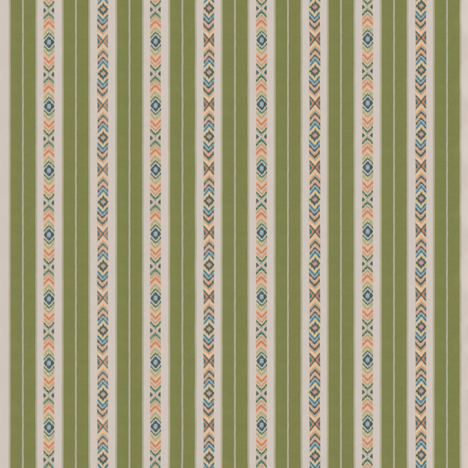 Olive emerald striped fabric with cream lines and multicoloured geometric diamond columns
