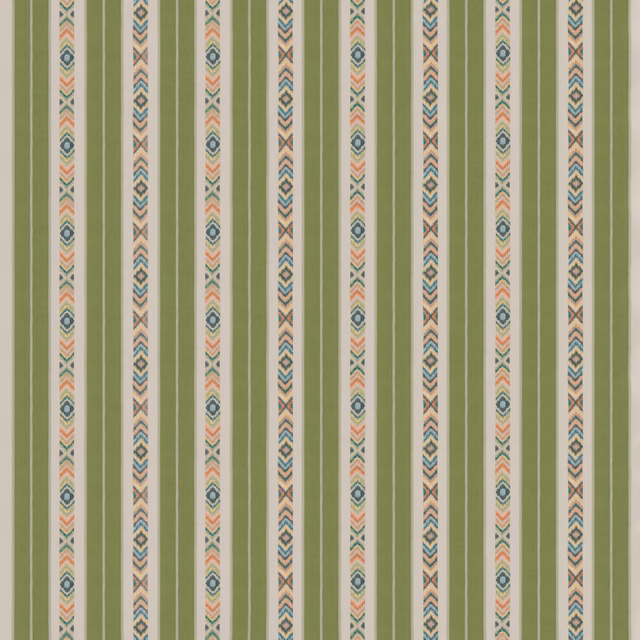 Olive emerald striped fabric with cream lines and multicoloured geometric diamond columns