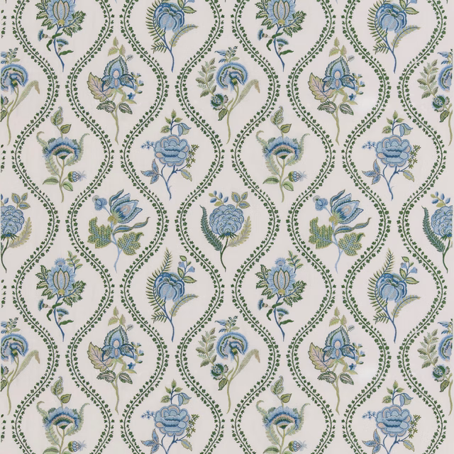 Cream floral fabric with blue blooms and emerald scrolling paisley trails