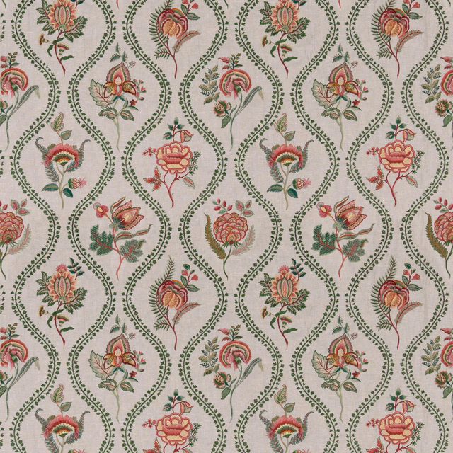 Cream floral embroidery with emerald vines and red botanical blooms