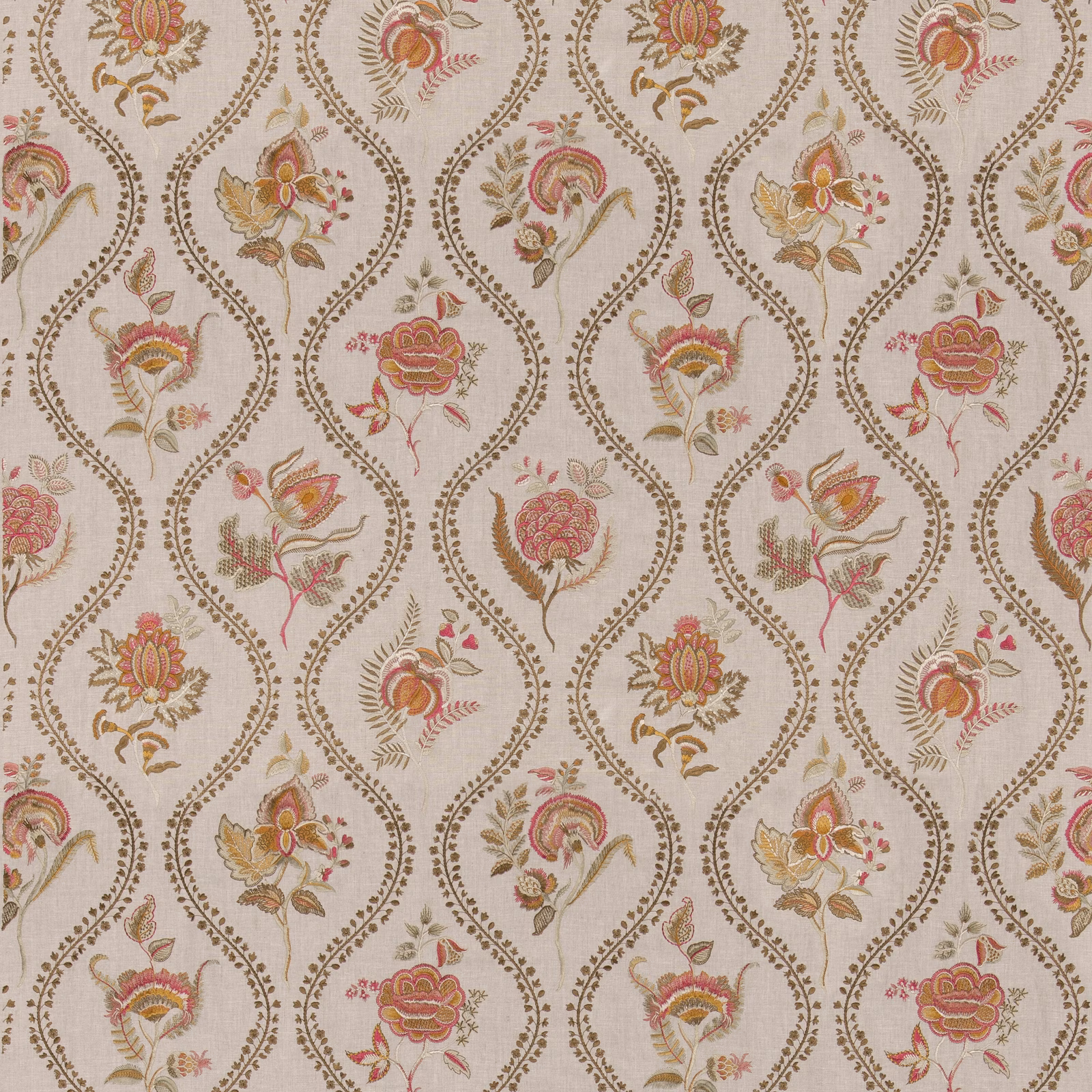 Cream Burford textile with repeating red and bronze floral medallions and scrolling vines