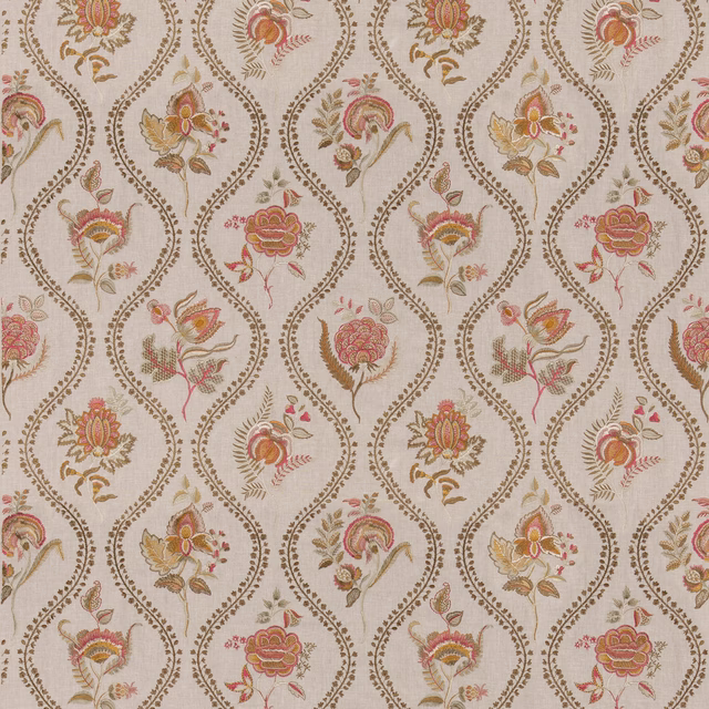 Cream Burford textile with repeating red and bronze floral medallions and scrolling vines