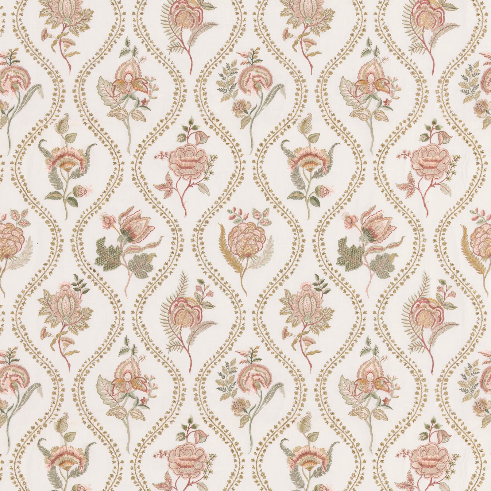Warm cream floral fabric with dusty rose blooms, sage leaves and teardrop trails