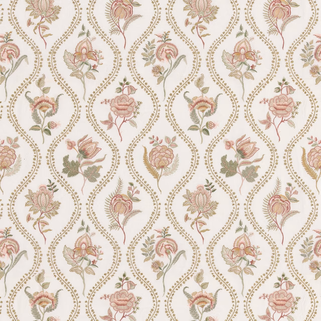 Warm cream floral fabric with dusty rose blooms, sage leaves and teardrop trails