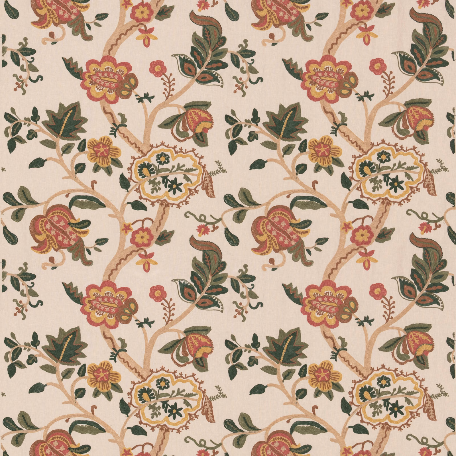 Ivory botanical fabric with dusty rose flowers, olive leaves and scrolling branches