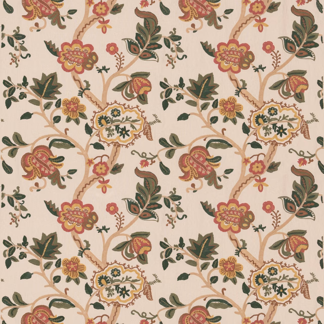 Ivory botanical fabric with dusty rose flowers, olive leaves and scrolling branches