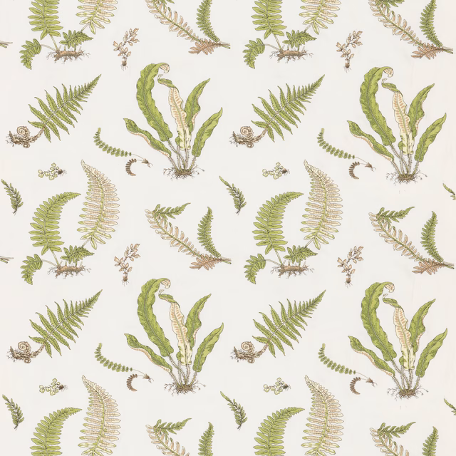 Muted fern-green fern and leaf motifs on an ivory ground with fine outlined detail