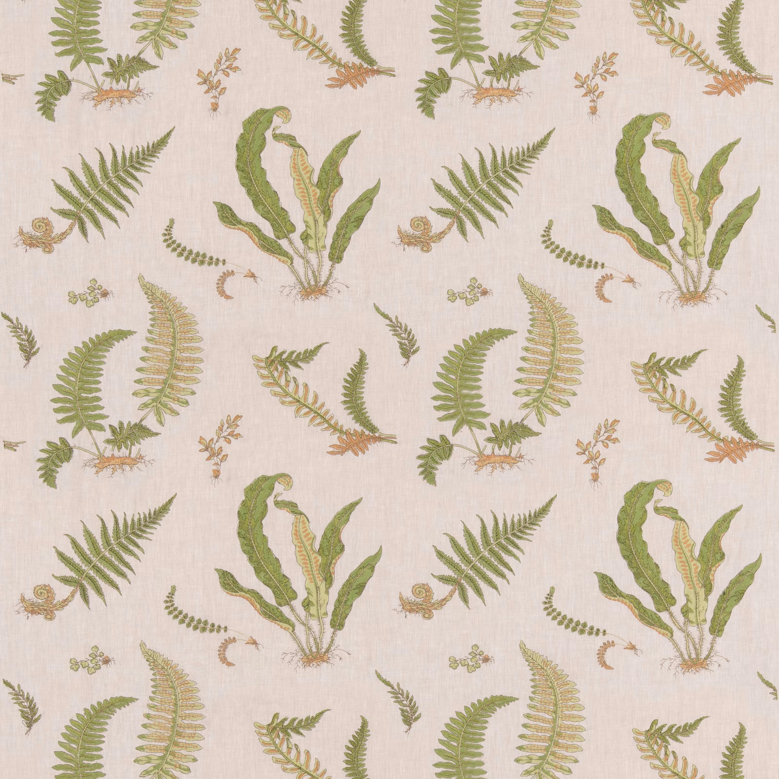 Muted green fern embroidery and ochre botanical sprigs on a natural linen ground