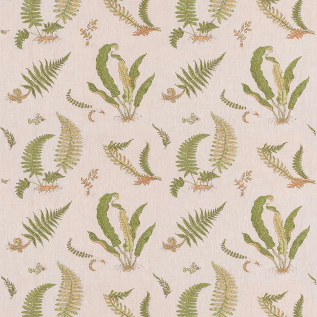 Muted green fern embroidery and ochre botanical sprigs on a natural linen ground