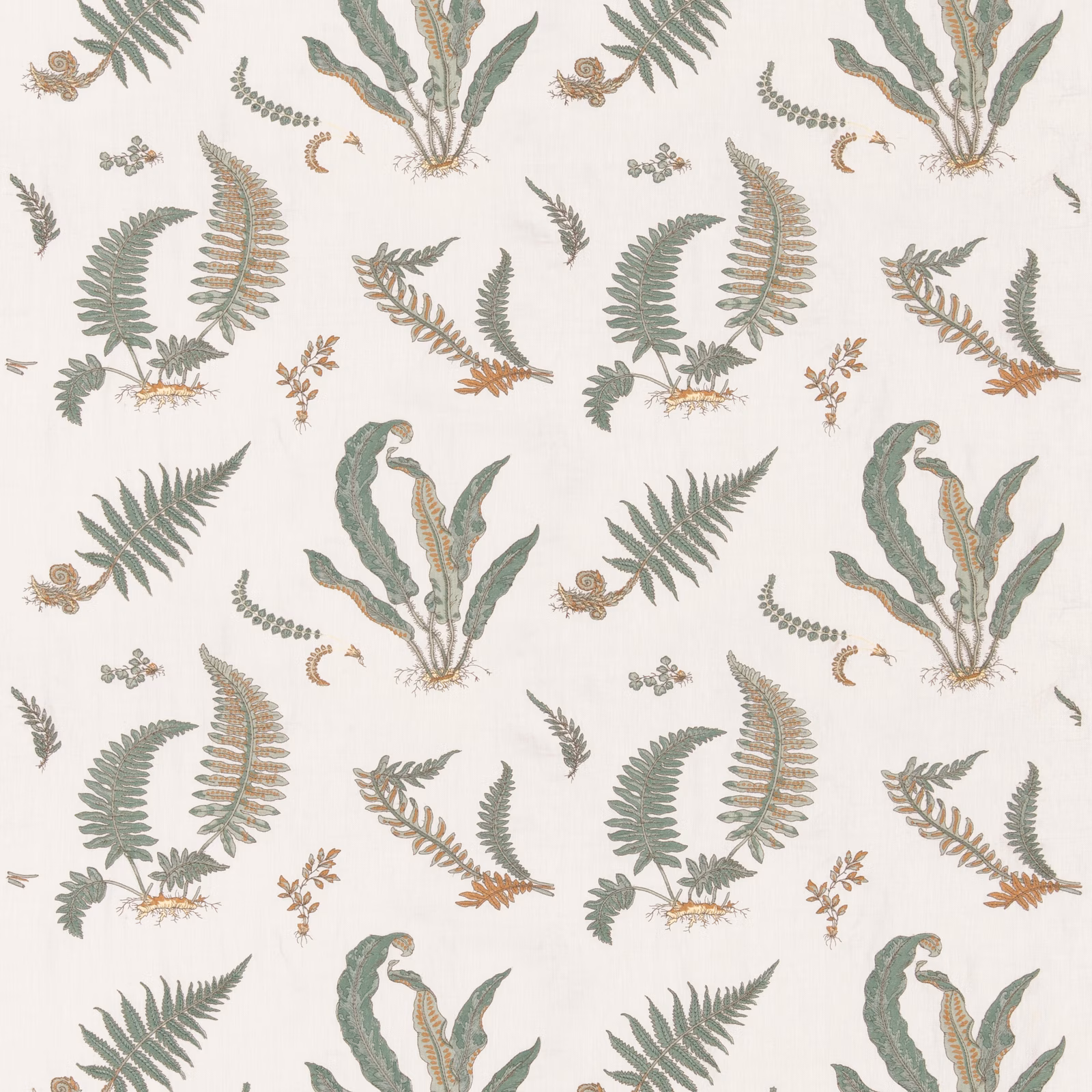 Sage and olive fern embroidery with rust accents on an ivory ground