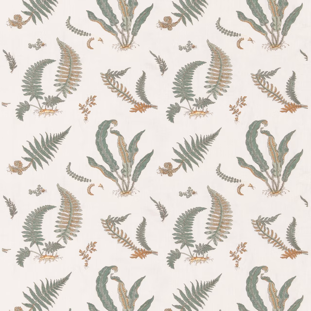 Sage and olive fern embroidery with rust accents on an ivory ground
