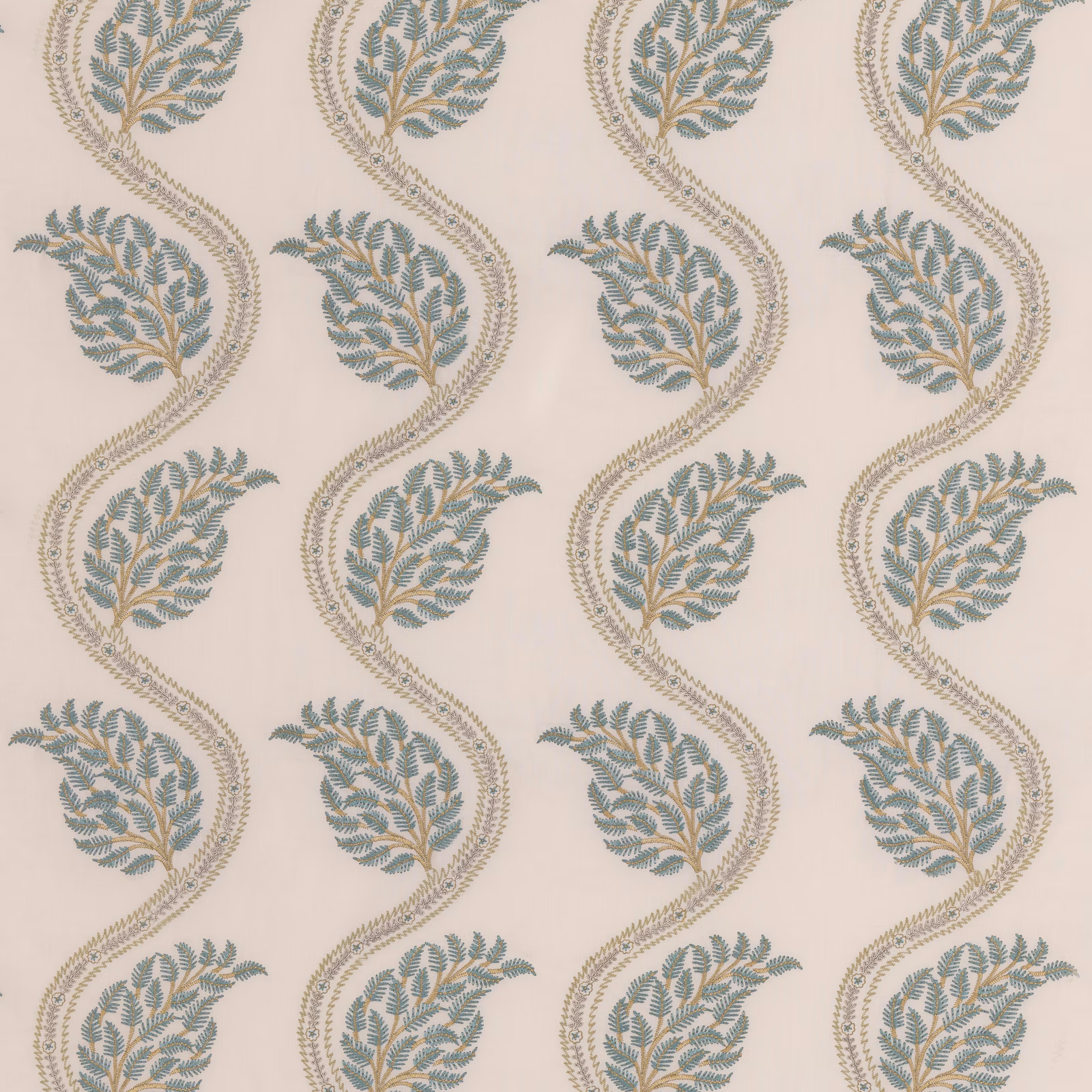 Sage and aqua leafy scrolls with taupe stems on a pale ivory ground