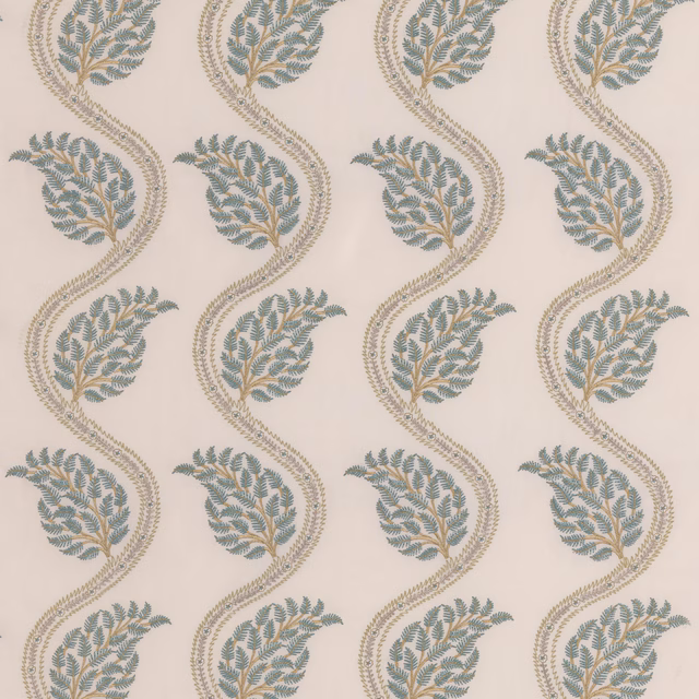 Sage and aqua leafy scrolls with taupe stems on a pale ivory ground