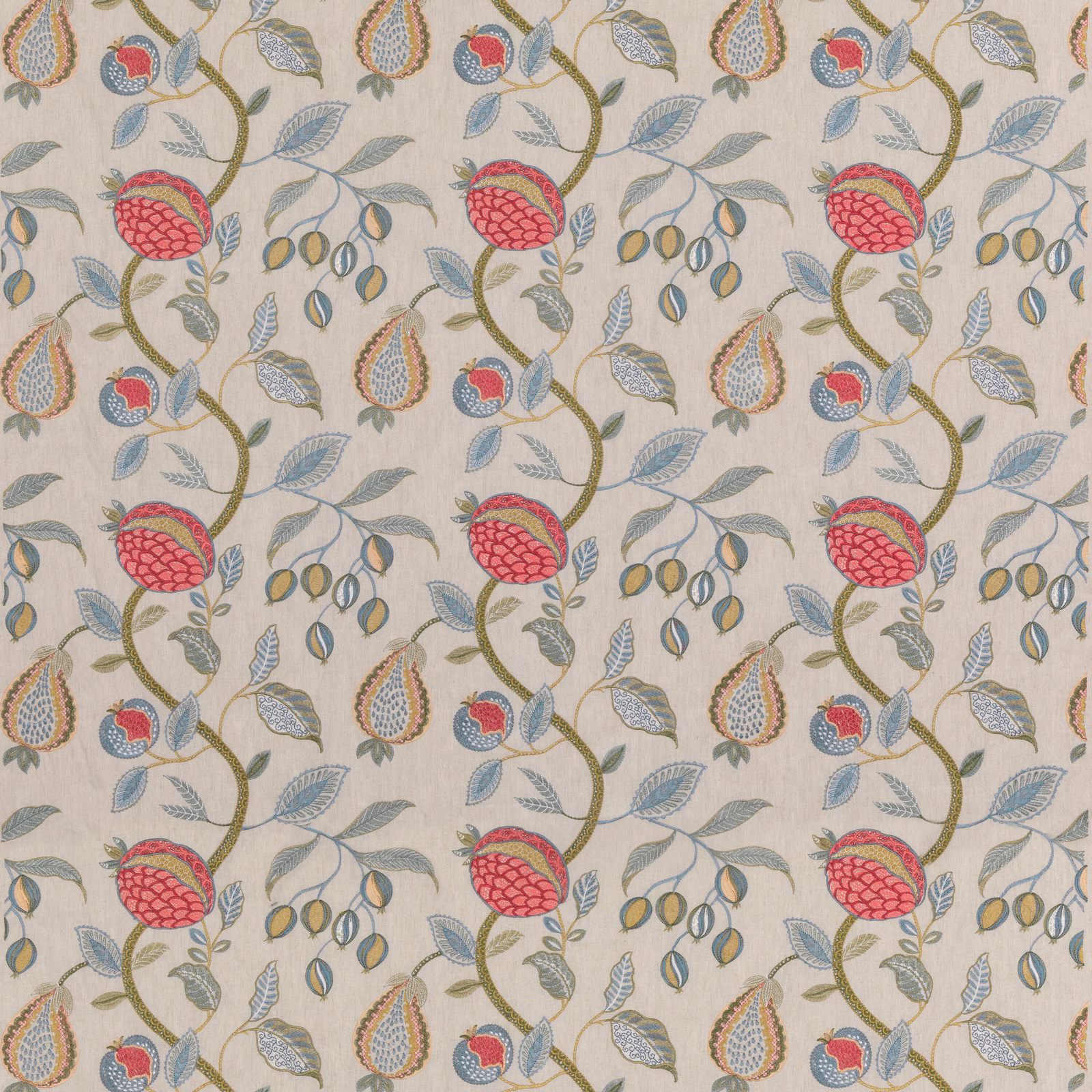 Antique cream floral fabric with raspberry fruit, blue-grey leaves and olive curling stems