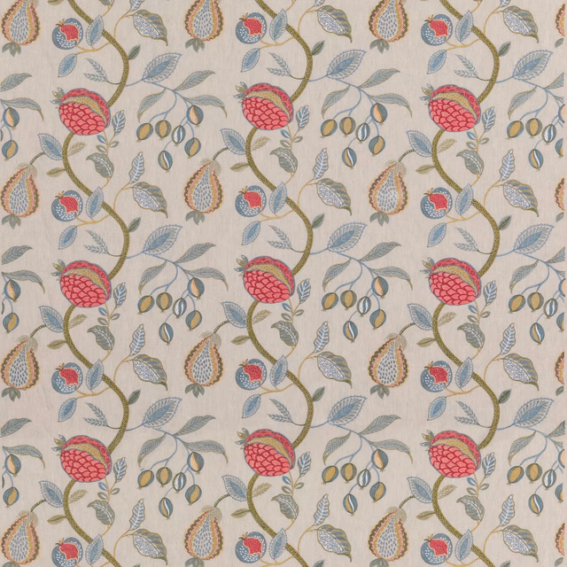 Antique cream floral fabric with raspberry fruit, blue-grey leaves and olive curling stems