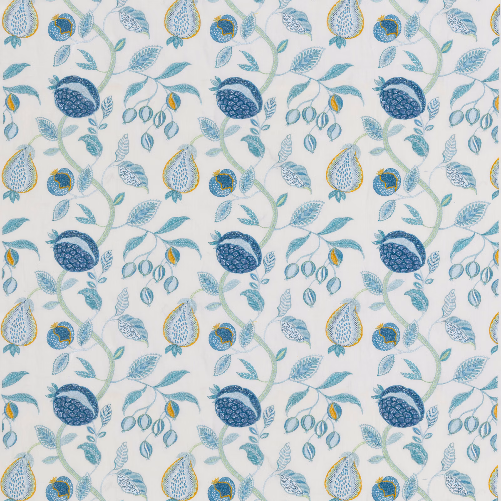 Ivory botanical fabric with aqua stems, navy blooms, blue leaves and yellow accents