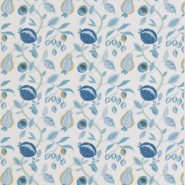 Ivory botanical fabric with aqua stems, navy blooms, blue leaves and yellow accents
