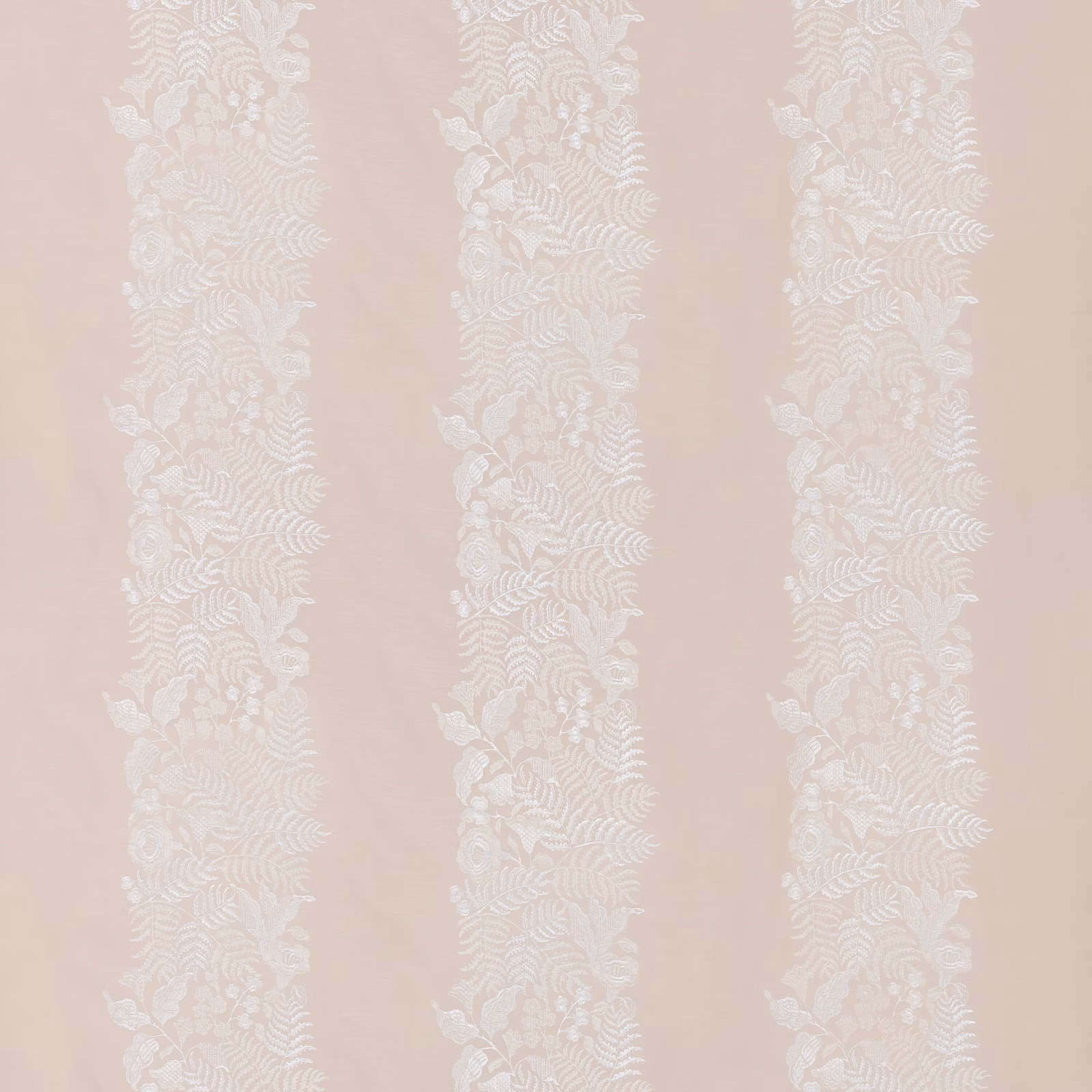 Warm ivory floral stripes on a pale blush-beige fabric with botanical detail