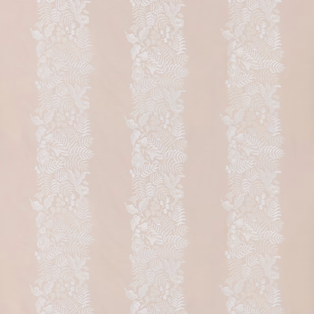 Warm ivory floral stripes on a pale blush-beige fabric with botanical detail