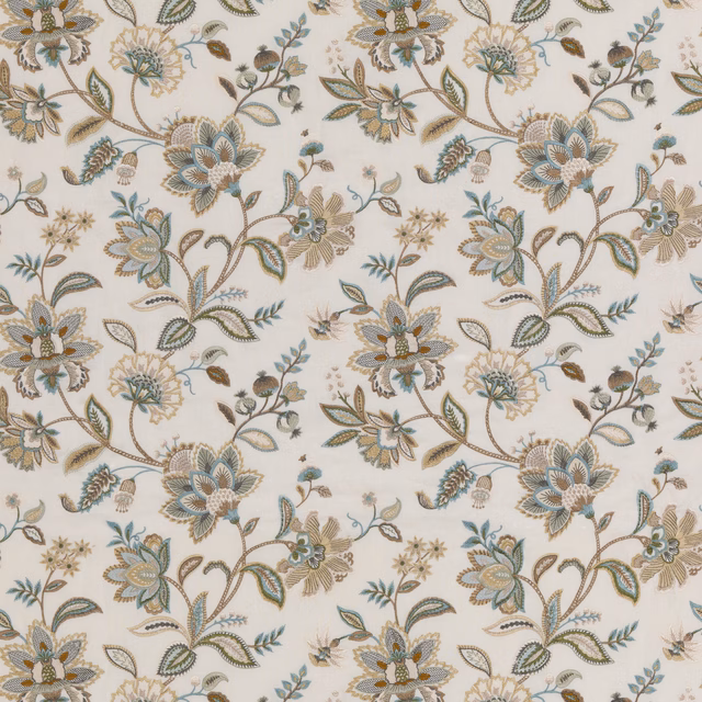 Cream botanical fabric with aqua, sage, taupe and brown floral sprays