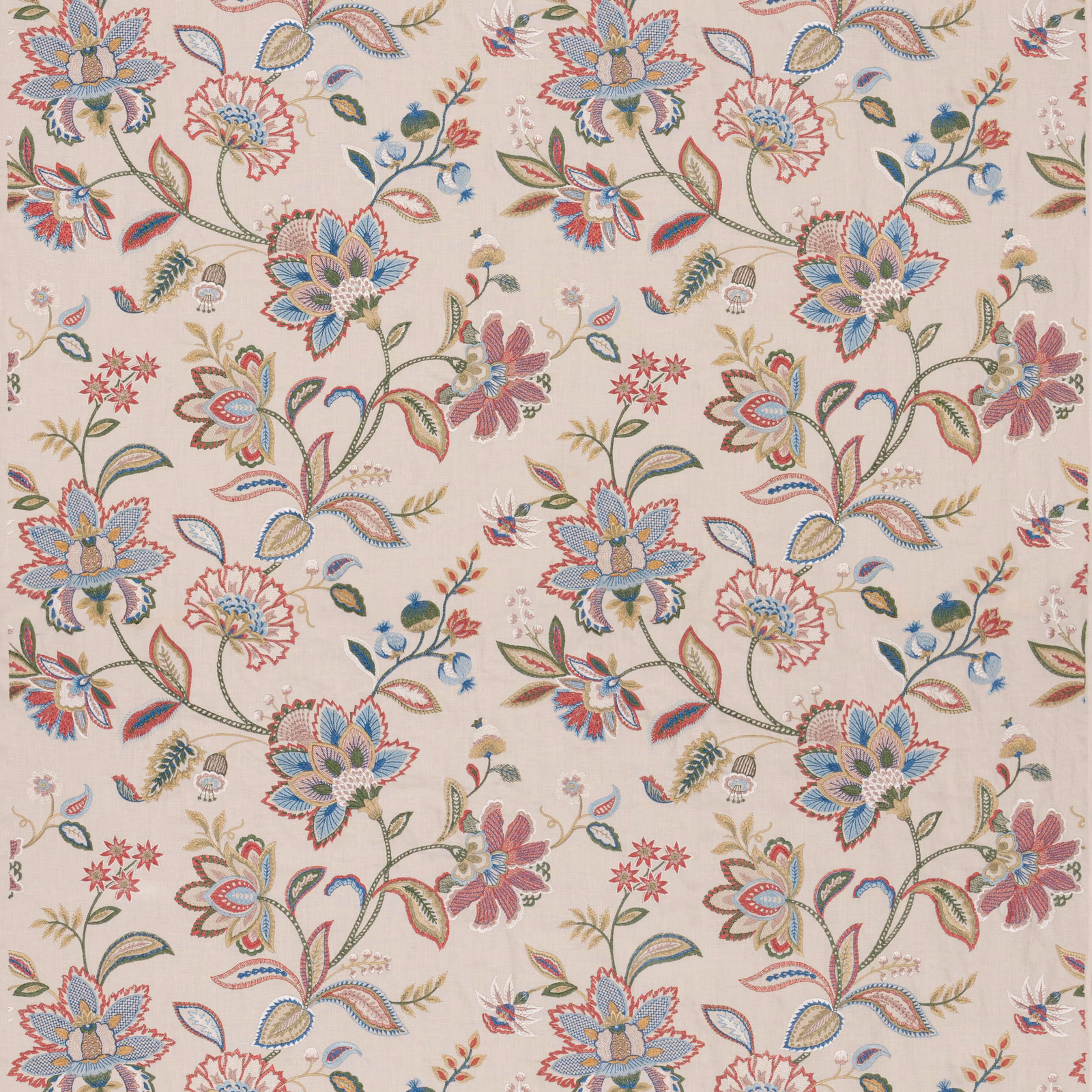 Cream floral fabric with red and blue blooms, scrolling stems and woven texture