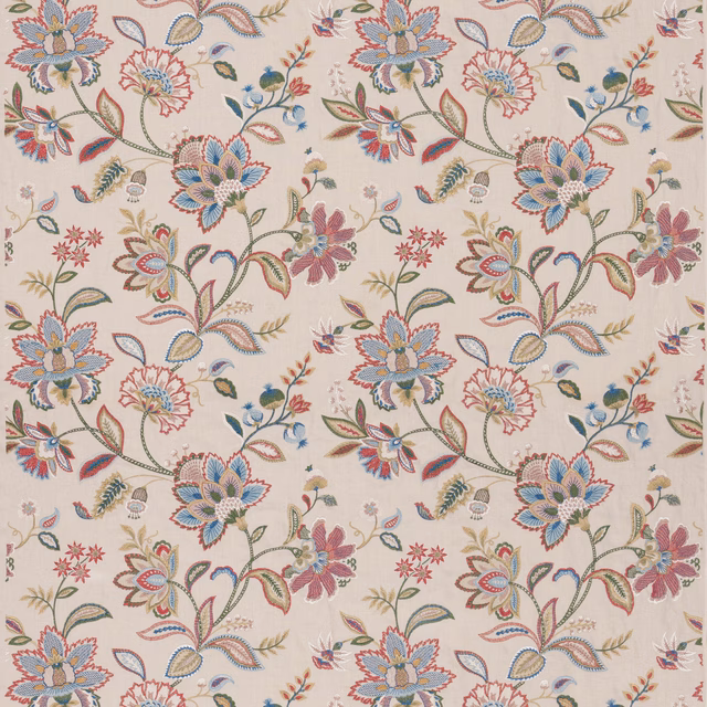 Cream floral fabric with red and blue blooms, scrolling stems and woven texture