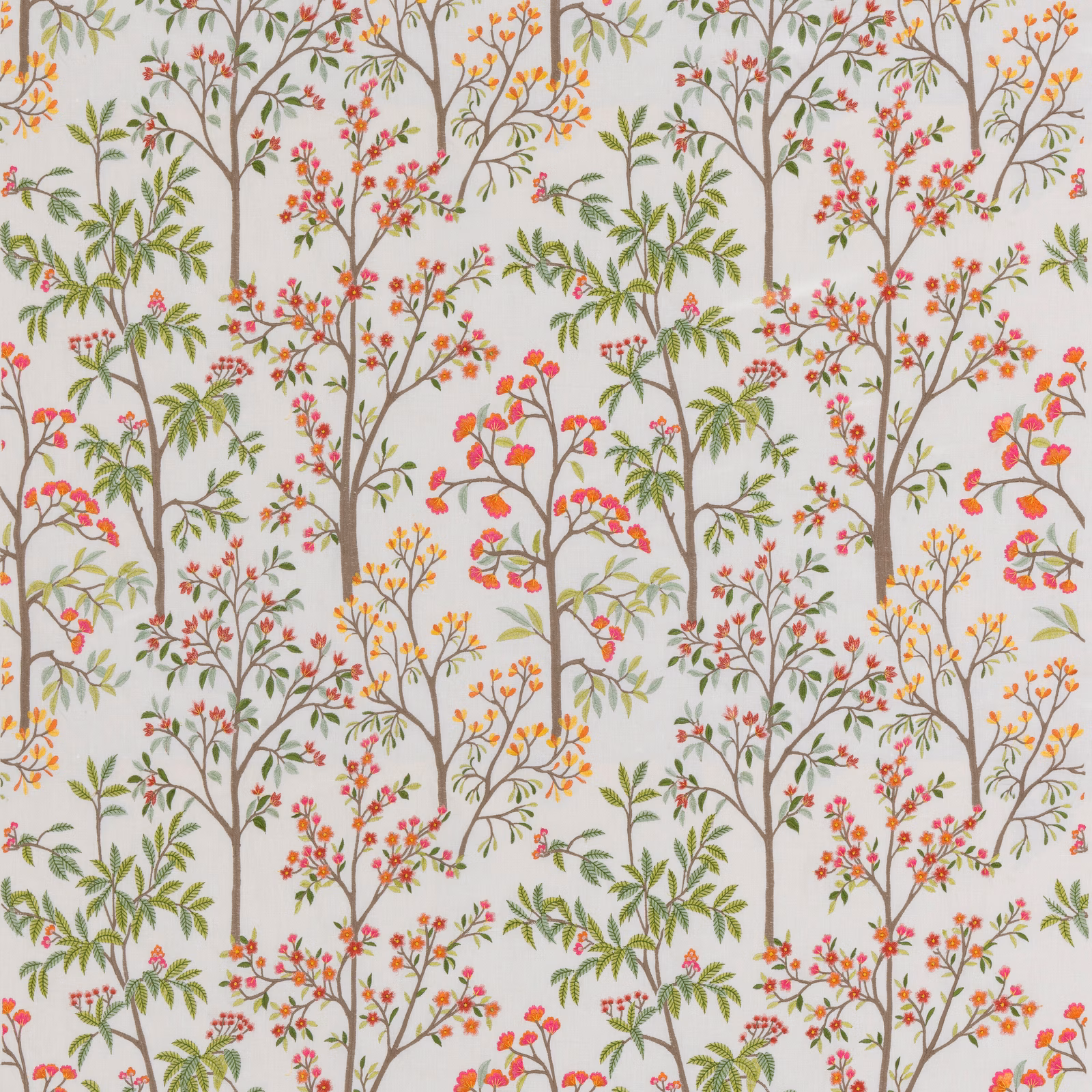 Warm ivory fabric with olive leaves, coral flowers and branching woodland motif