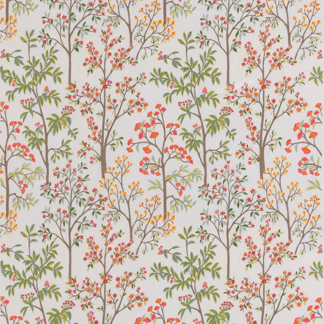 Warm ivory fabric with olive leaves, coral flowers and branching woodland motif