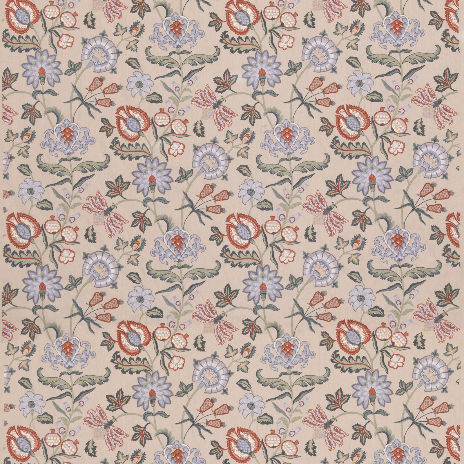 Sage green floral fabric with russet paisleys and blue-grey flowers