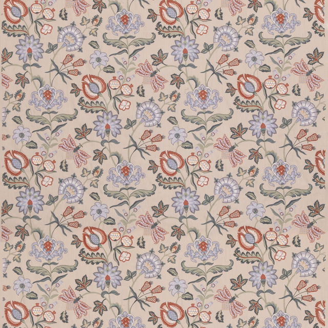 Sage green floral fabric with russet paisleys and blue-grey flowers