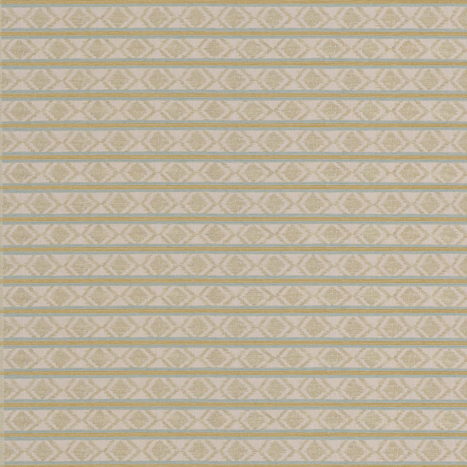 Pale aqua and sage-green geometric diamond stripes woven across an ivory ground