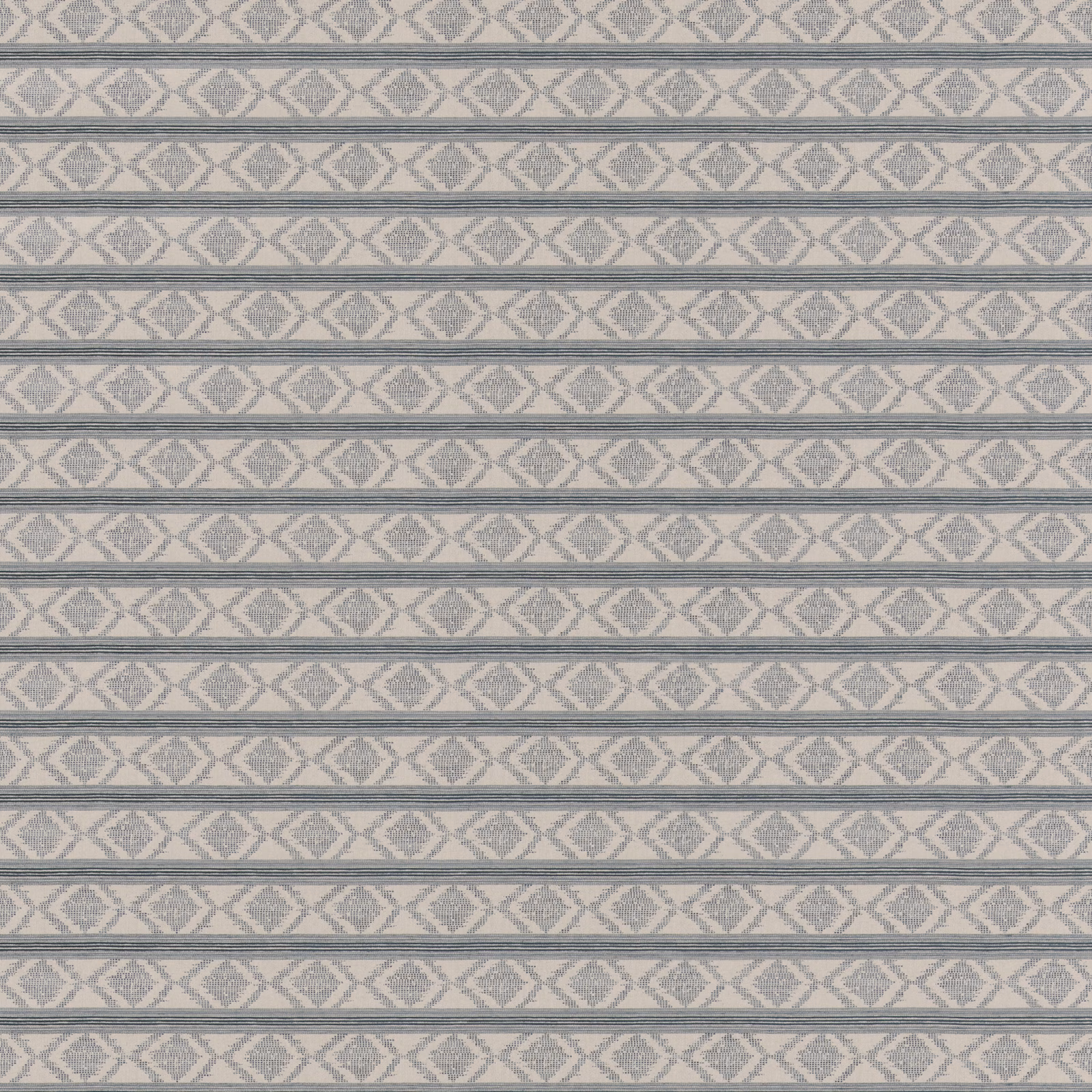 Blue-grey and ivory woven stripes with repeating diamond motifs in close-up