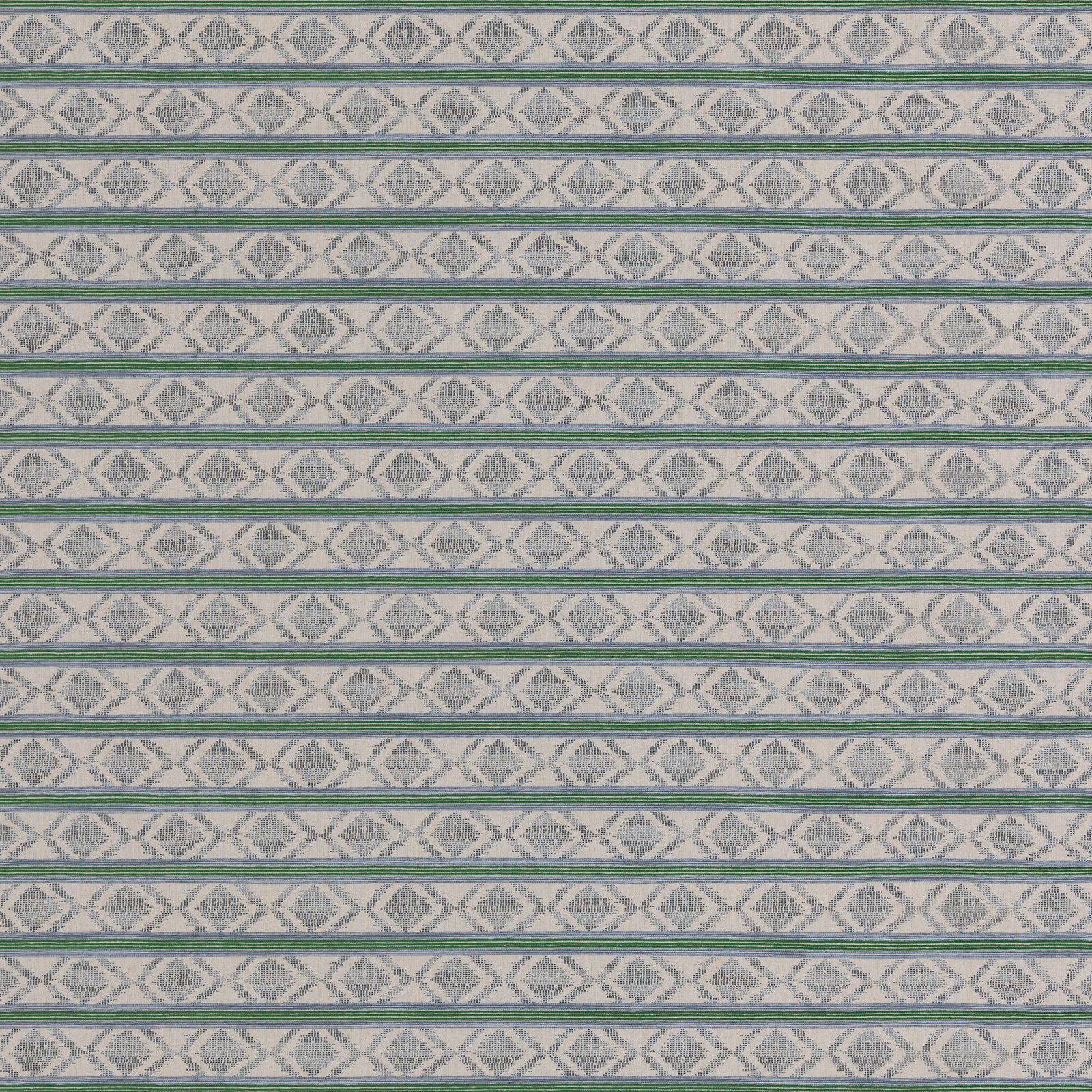 Muted blue-green woven stripes with repeating pale diamond motifs