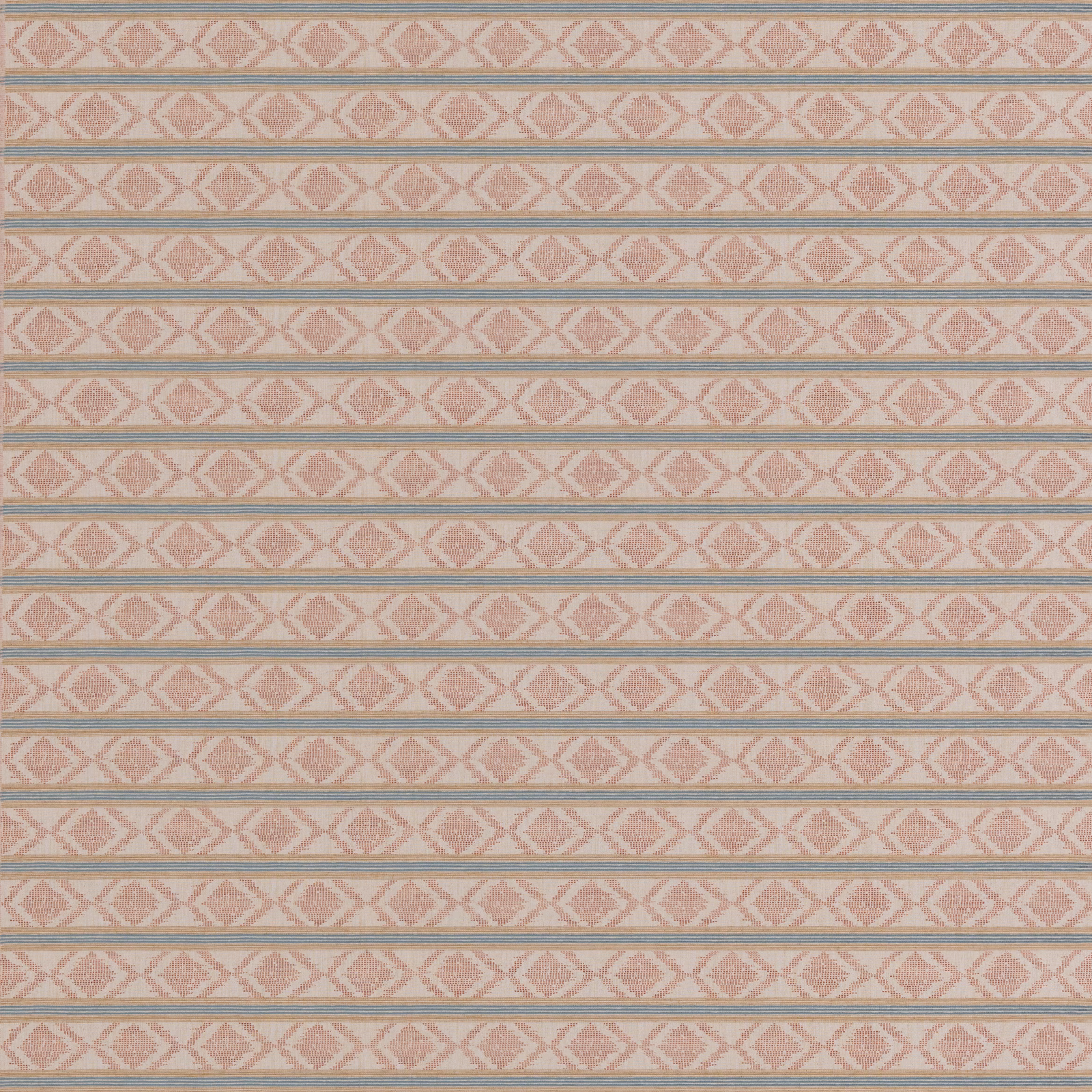 Muted coral and aqua diamond stripes in a finely textured woven ground